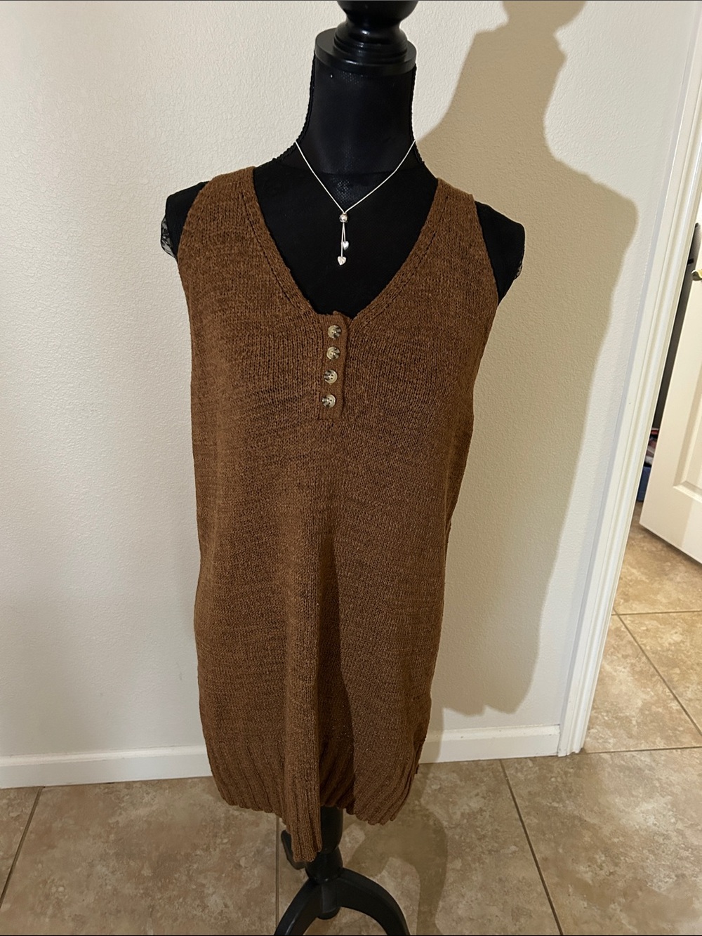 Worthington Brown Knit Sleeveless Swim Coverup with Button Front